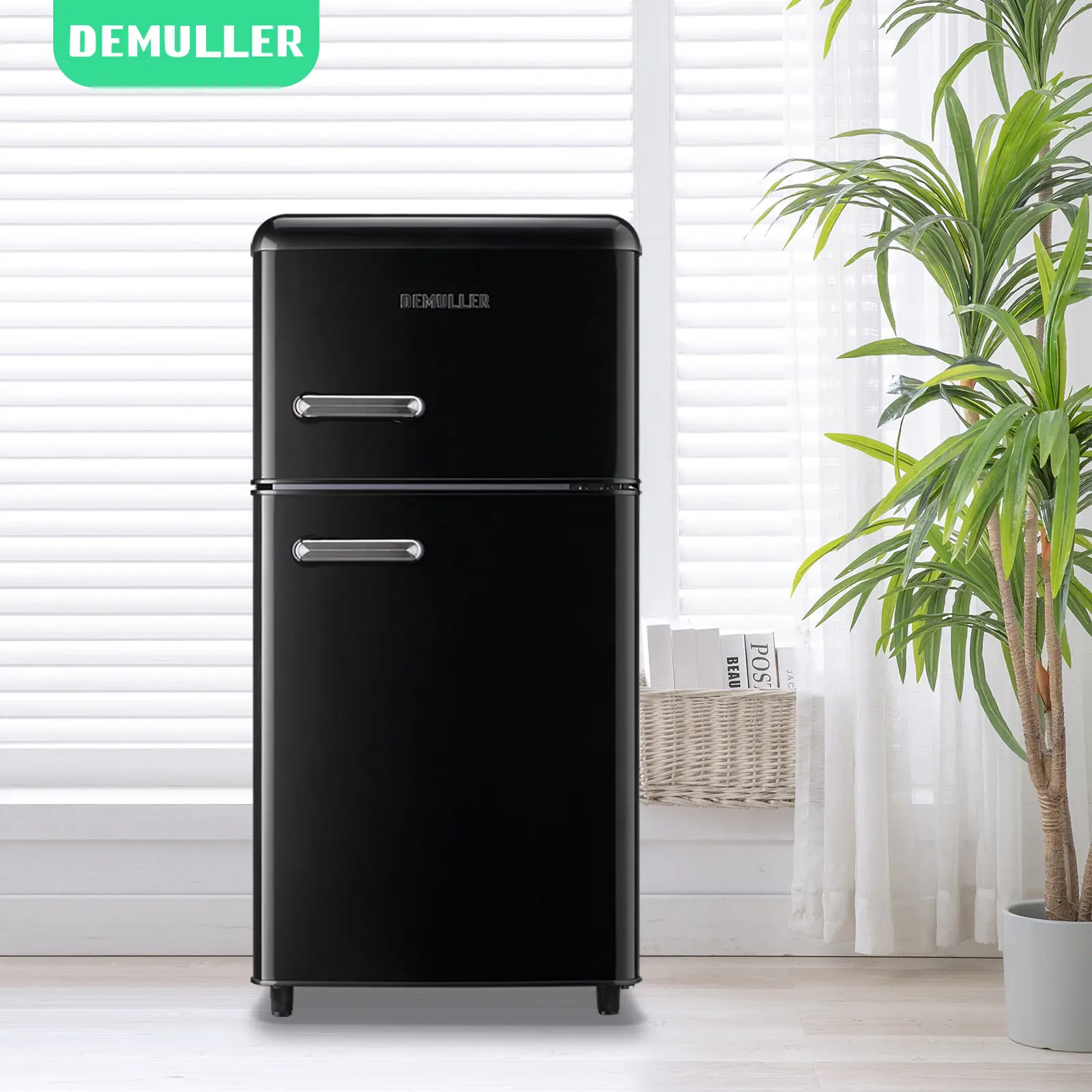 DEMULLER Vintage Fridge 3.5 Cu.ft Freestanding Compact Refrigerator with 1.0 Cu.ft Freezer, Dual Doors & Handles, 7 Thermostat Control, LED Light, 17.72*18.2*35.63 Inches, Ideal for Dorm Rooms & All Seasons