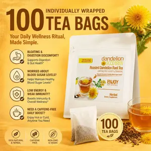 100 Bags Bulk Value Pack Roasted Dandelion Root Tea - Daily Liver & Kidney Support, Bloating Relief & Digestive Wellness, Caffeine-Free Coffee Substitute, Travel & Office Essentials, Portable Healthy Drink for Men & Women