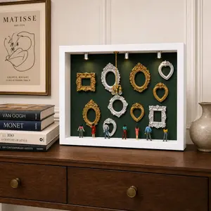 Mini Museum Shadow Box DIY Frame Kit with Pull-Out Acrylic Panel, LED Spotlights, Mini Figures & Vintage Frames, Creative Room Decor Memory Display Box