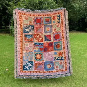 Grid-like sun and moon Pattern Design Bohemian Bed Blanket, Throw Blanket - Yarn Thick Breathable with Tassels for Home Decor, Shawl, Tapestry, Yoga, Couch, Sofa, Chair, Tablecloth, Not Printed, No Faded, No Pilling