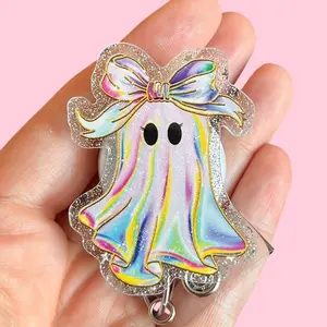 Glitter My Badge Halloween pastel ghost Spooky nurse badge reel for nurse and hospital workers. Badge clip Badge pull - Retractable swivel clip with a 360 rotation. Great gift for coworker.