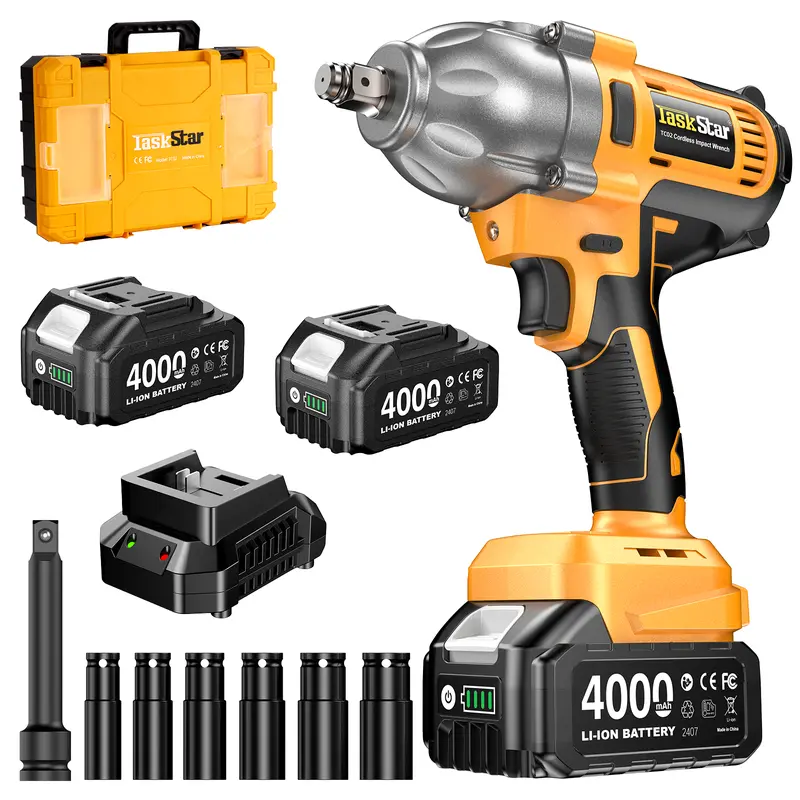 TaskStar 1200N-m 1/2 Inch Cordless Impact Wrench - High Torque Impact Gun, 2x4.0Ah Batteries, 1xFast Charger, 5 Sockets, Extension Bar, Driver Bit, LED Light, 24/7 Customer Service for Power Work Tools