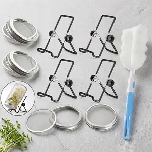 9PCS 304 Stainless Steel Sprouting Jar Kit Wide Mouth Mason Jar Lids With Sprouting Stands Organic Seed Sprout Growing Kit Durable Glass Pickle Produce Storage Container Perfect for Broccoli Alfalfa Home Garden Kitchen DIY Germination Supplies
