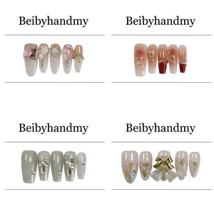 Handmade rose small bell Diamonds Long  Ice Transparent Whitening  Detachable False Nails （Size:M/S) Nail Art Nail Art Kit