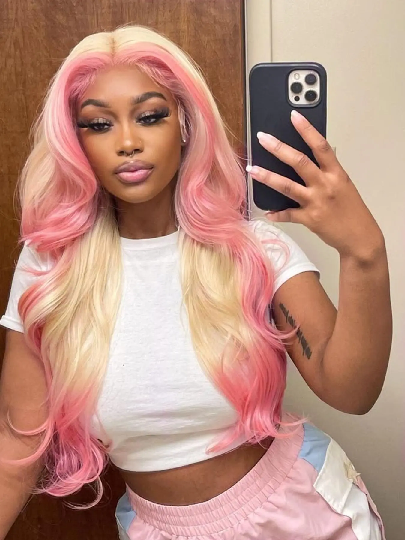 Pink Blonde Lace Front Wigs For Women Colored Body Wavy Long Curly Hair Highlight Wig Pre-Plucked Natural Hairline High Density Glueless Synthetic Lace Front Wigs For Christmas KPOP Daily Party, Glueless Wear Wig