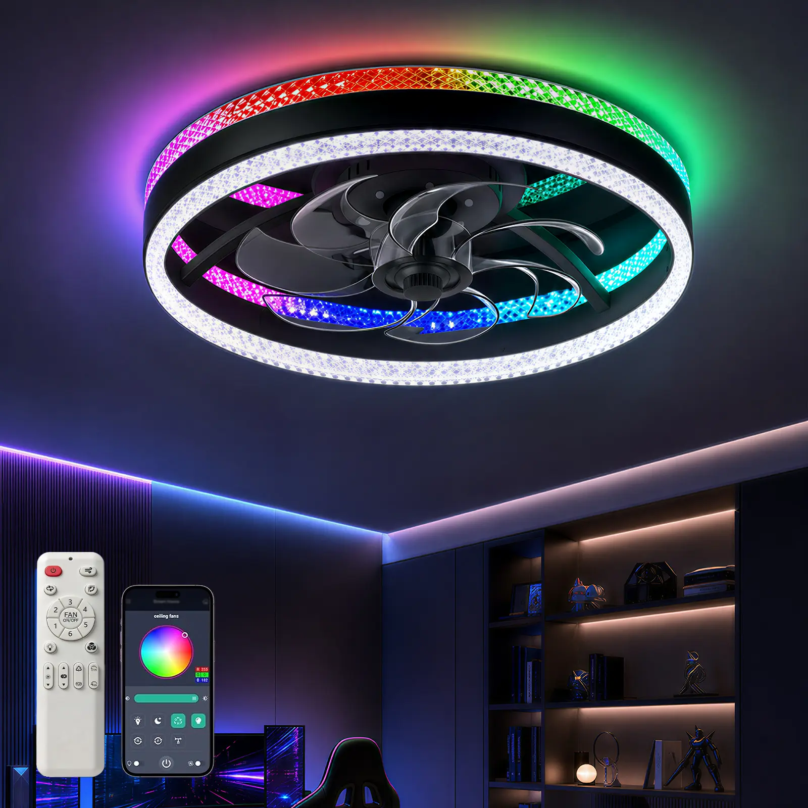 DEMILARE RGB Ceiling Fan with Lights, Modern Flush Mount Ceiling Fan with Dual Lighting System RGB Ambient Light, 6-Speed Quiet Reversible Fan with Remote Control, Low Profile Indoor Fan for Bedroom Room Kitchen,home makeover,back to school shopping
