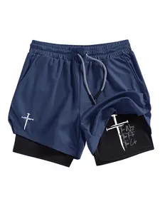 Men's Dual Layer Multi-Pocket Shorts with Cross Nail Print, Summer Quick-Dry Breathable Sporty Gym Workout Impact Shorts for Running and Fitness, Active Athletic Shorts, Athleisure Shorts, Activewear Shorts, Shorts Sportswear