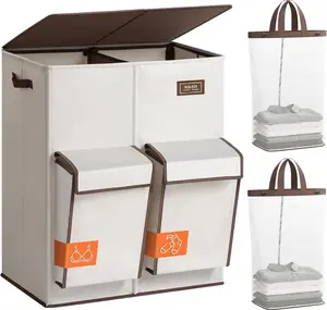 SOLEDI 180L 4 Section Laundry Hamper with Lid, Separate Compartments for Delicates and Socks, Double Large Laundry Basket with Removable Bag, Dirty Clothes Hamper for Laundry Room, Bedroom, Beige