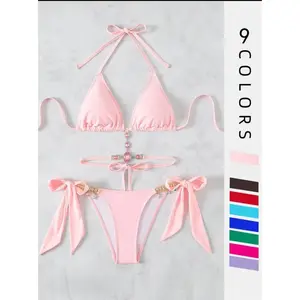 [Same-Frequency]Women's Halter Tie Back Triangle Bra & Ring Linked Panty Bikini Set, Sexy Trendy Summer Swimsuit Set, Ladies Swimwear Rave Outfits, Tie Back Bikinis