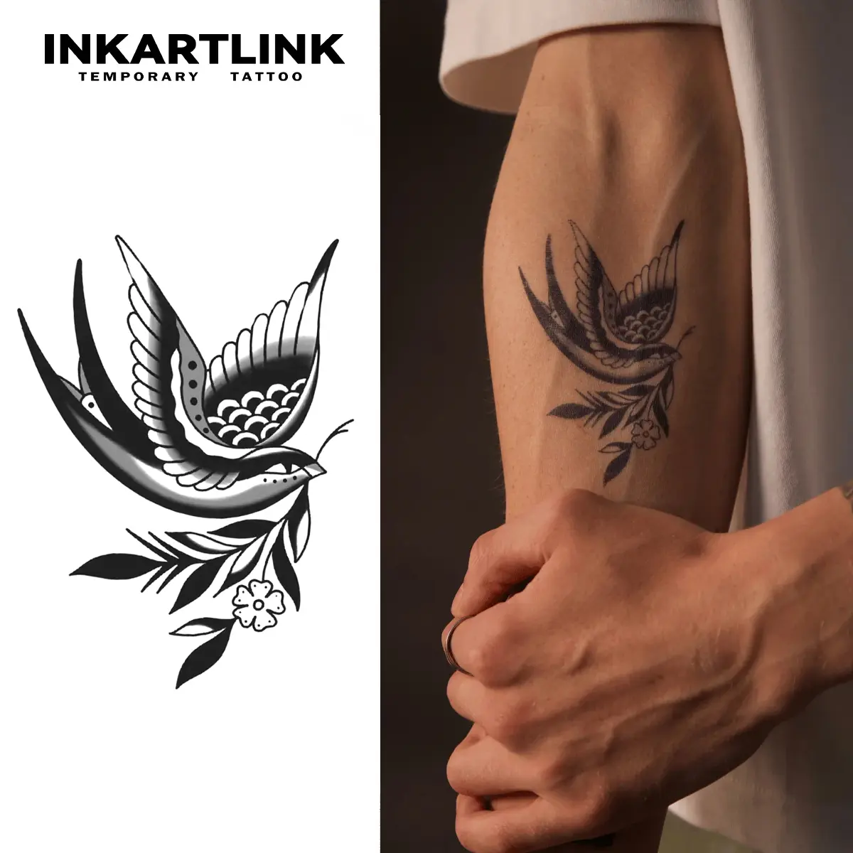 INKARTLINK Semi-Permanent Spring Swallow Art Design Temporary Tattoos - 1-2 Weeks Long-Lasting, 2 Sheets, Waterproof, Realistic, All Skin Types, Single Item for Adults, Tattoo Art, Semi-Permanent Tattoos