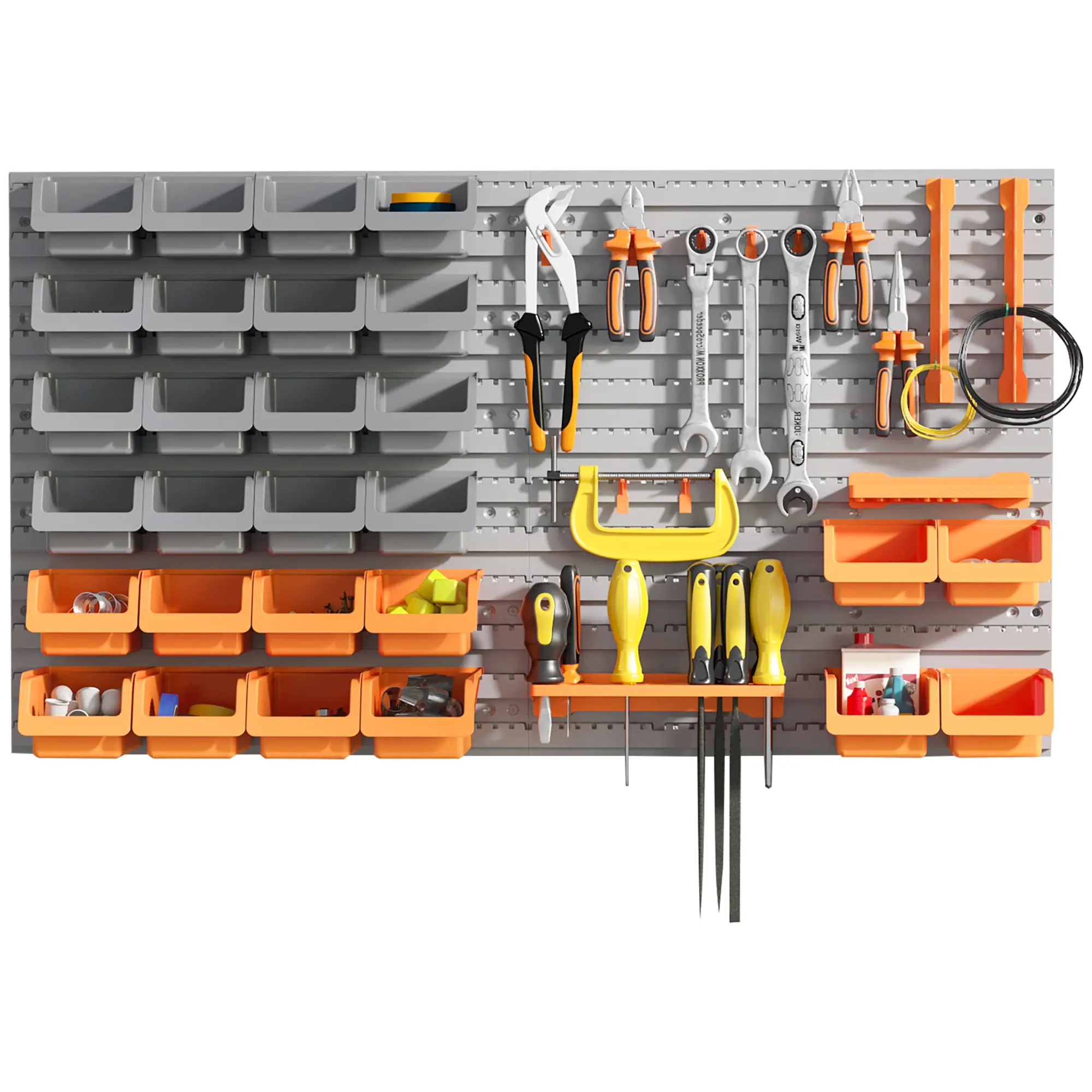 44 PCS Wall Mounted Pegboard Tool Organizer Rack Kit – with Various Sized Storage Bins, Pegboard & Hooks, Adjustable Removable Bins, 66 lbs Capacity, for Garage, Workshop, Orange