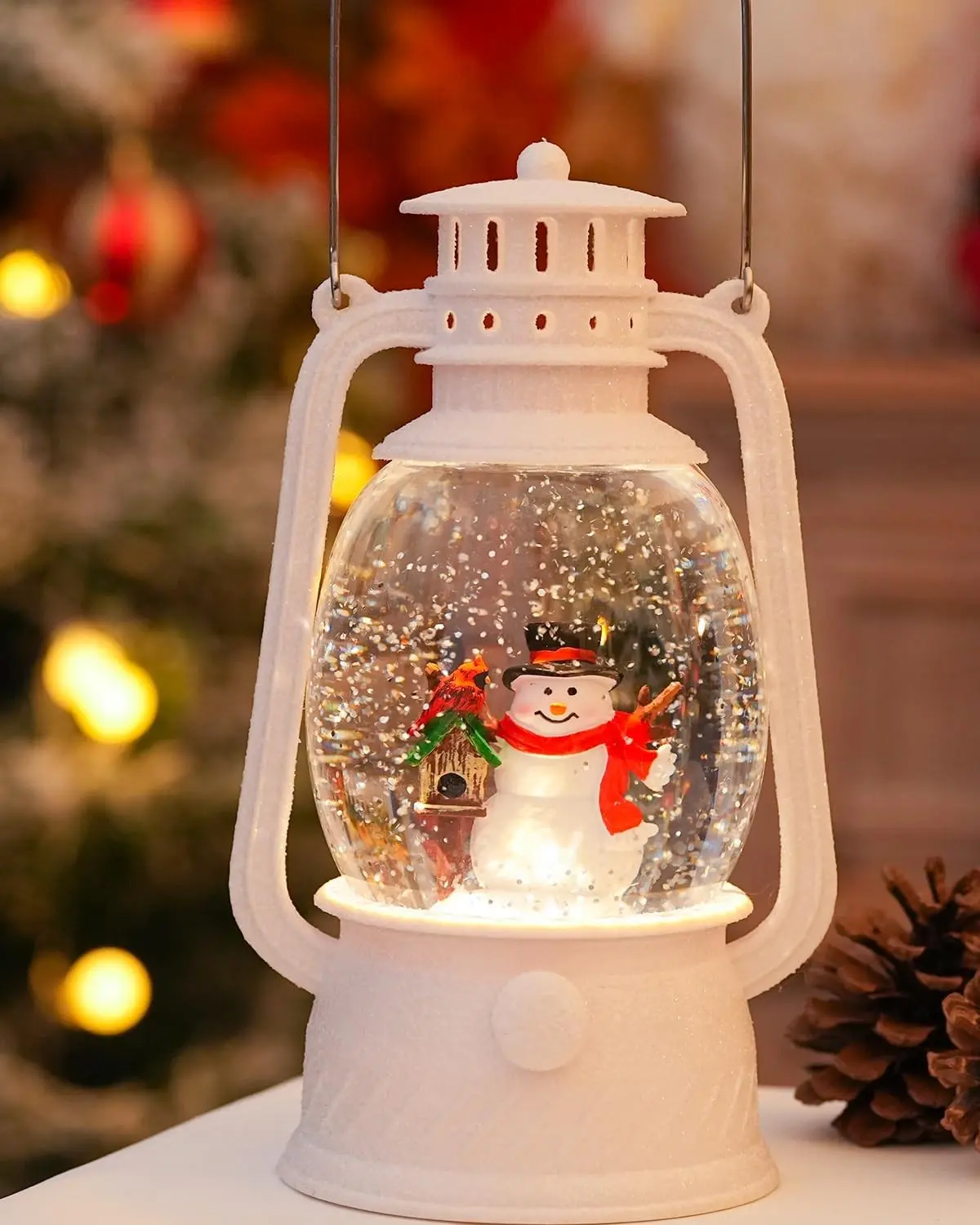 Christmas Snow Globes Snowman Decor, Musical Glitter Globe Light Up 6H Timer Cardinal Mailbox Village Snowman Snow Globe Christmas Decorations