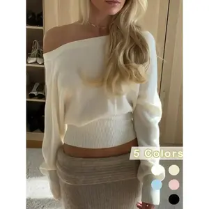 Women's Cream-Colored One-Shoulder Long-Sleeve Knit Top, Soft Elastic Ribbed Sweater, Casual Elegant Fashion Womenswear for Fall and Winter
