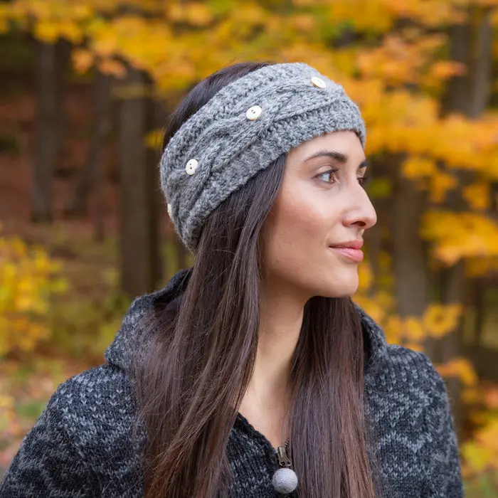 Haven Knit Headband for Women in 100% Wool, Wide Cable Design with Fleece Lining and Bone Button Accent (HHA9511)