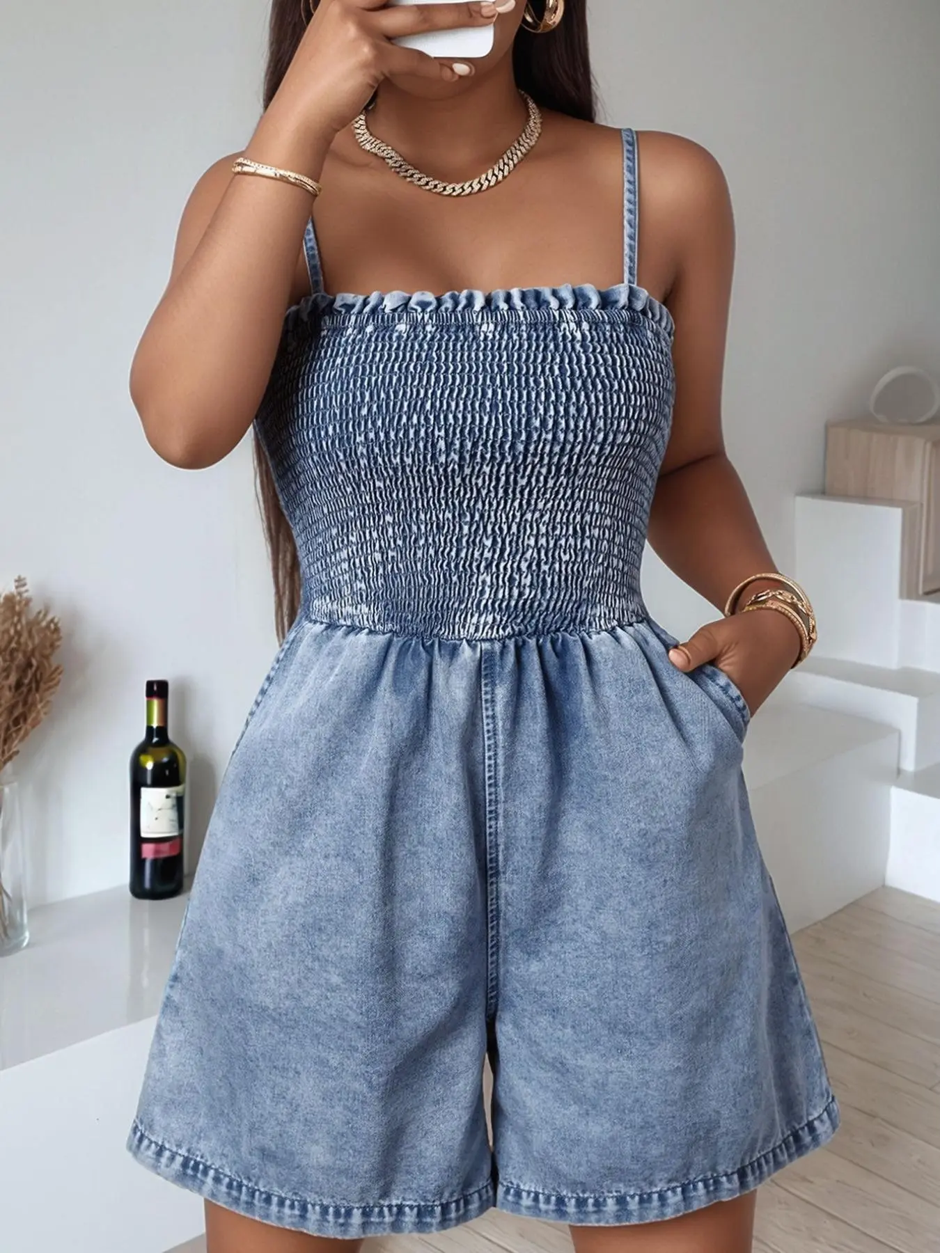 Casual Summer Style Ruched Backless Sleeveless Fitted Medium Wash Denim Jumpsuit, Jean Rompers, Casual Jumpsuits, Womenswear, Women's Fashionable One-Piece, Perfect for Casual Wear