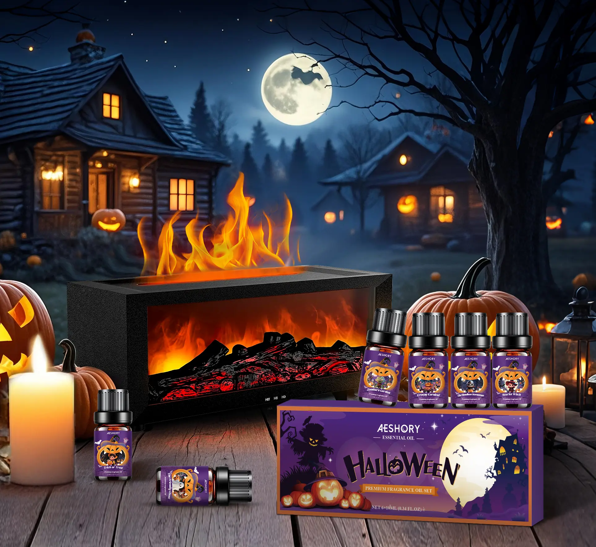 Halloween Fragrance Oil Set with Fireplace Diffuser – Essential Oils for Home Diffusers, Scented Oils Gift Set for Candle & Soap Making – Trick or Treat, Zombie's Garden, Creepy Carnival, Headless Horseman, Scarlet Witch, Ghost