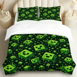 3PCS Duvet Cover Set, 1 Duvet+2 Pillowcases(Without filler), Pixel Game Block Green Fun theme, Halloween bedding set, Vibrant Gaming Design Suitable for decoration bedroom, guest room, dorm, gaming room, Bed Sets