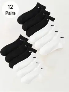 12 Pairs of Black and White Mid-Calf Socks Black and White Ankle Socks Highly Stretchy, Comfortable, Breathable, Sweat-Wicking Campus Sports Fashion Everyday Ankle Socks Solid Color Minimalist Athletic Socks Suitable for All Seasons Daily Wear Socks