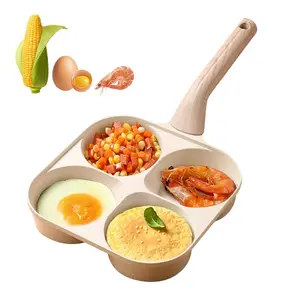 Multifunctional non-stick egg frying pan, 4-hole skillet with wooden handle, medical stone omelet maker, breakfast pancake and burger cooker, quick home cooking tool, beige non-stick frying pan cookware, non-stick wok pan