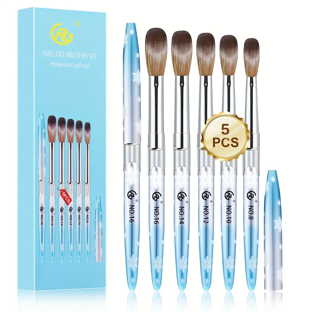 5 Piece Professional Acrylic Nail Brush Set, Sizes 8-16 with Snowflake Handles - Manicure Tools for 3D Nail Art & Powder Application for Beginners, Brush Cleaner, Expert Or Beginner Nail Artist