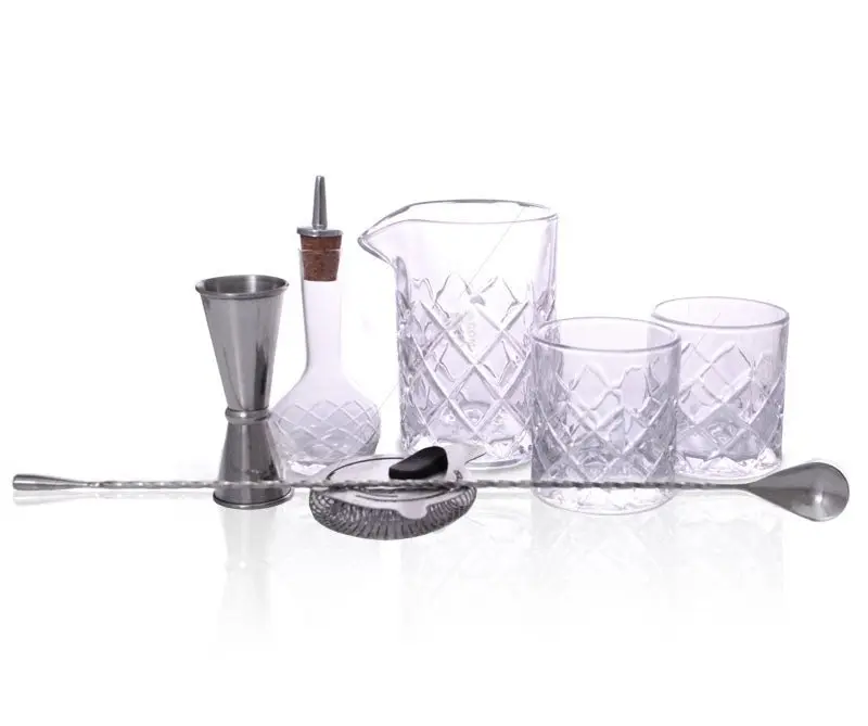 BarConic® Sturdy Stainless Steel Diamond Bar Set with Utensils for Bartenders - Home/Bar Use Multiple-Piece Kit Including 1x13 oz Mixing Glass, Stirring Tools, Bottle Accessories, Diamond Cut