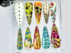 Alice WonderNails - Luxury Artistic Press On Nails, Colorful Sculpted Fake Set with Bold Mix & Textured Gold Swirl Nail Art - AW66