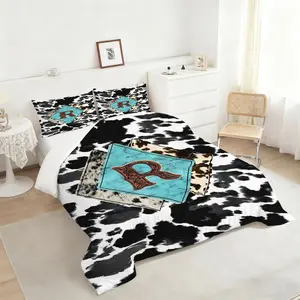 2/3Pcs Rustic Tribal Diamond Comforter Set, Unique Black and White Cowhide Pattern Bedding Sets, Soft Quilted Quilt with Textured 'R' Design, Ideal for Western-Themed Bedrooms and Cozy Décor, Decorative Bedding Set, 1 or 2 Pillowcase No Pillow Core