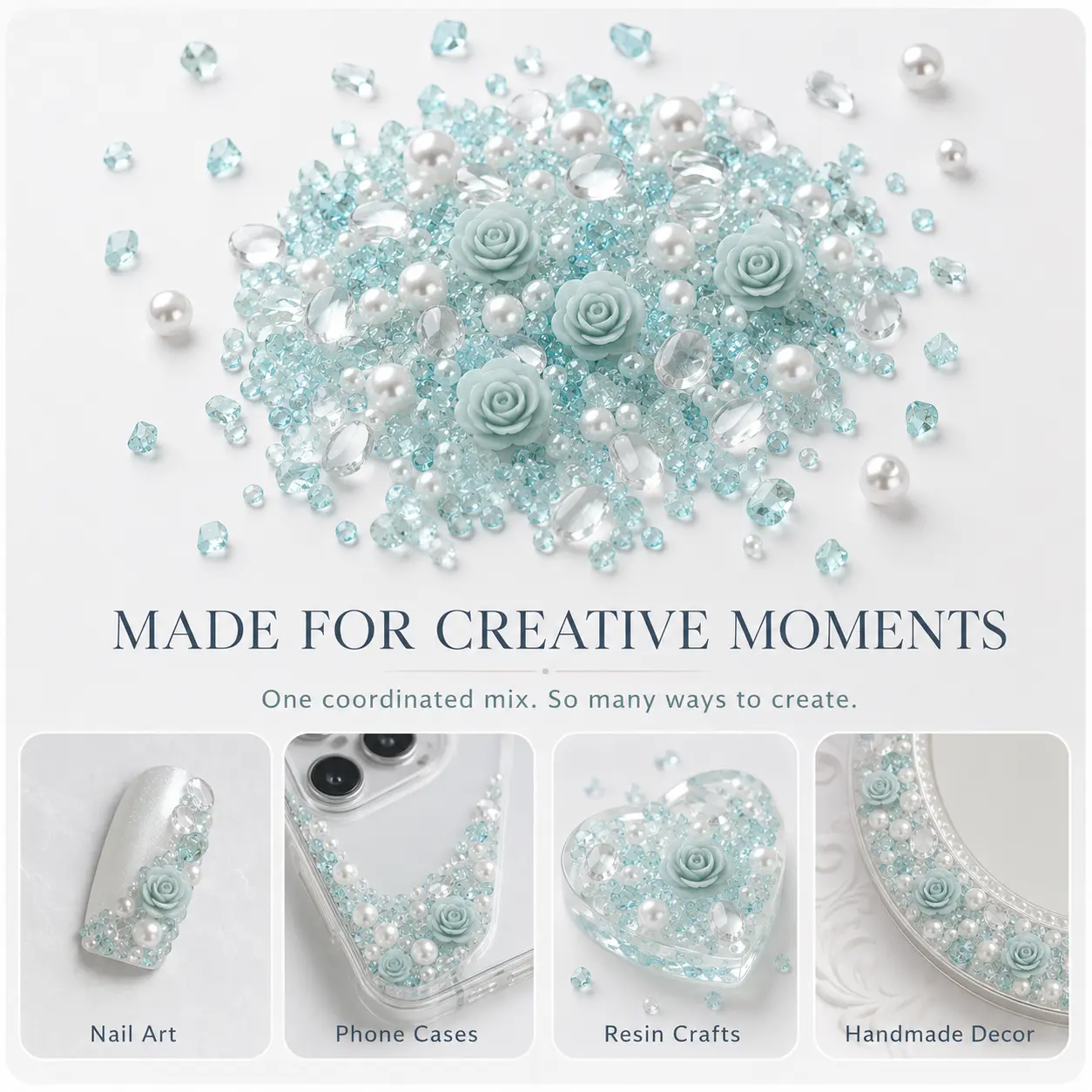 DIY Mixed Embellishment Crafting Supplies - Assorted Preserved Dried Flowers, Resin Flowers, Pearls, Rhinestones, Crystal Chips for Beginner & Adult Crafters (Nail Art, Phone Cases), Natural Irregular Crystal Chips