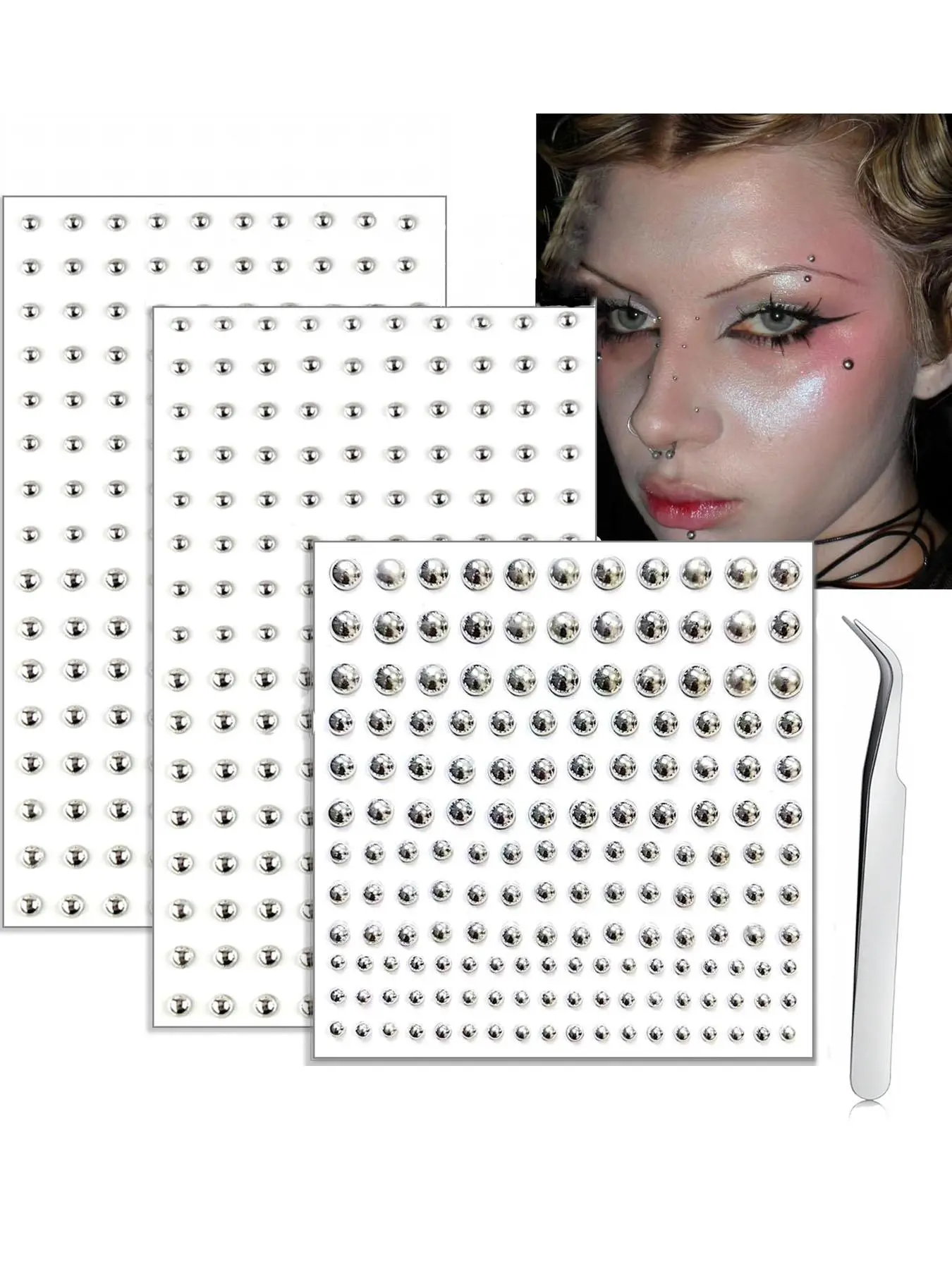 Face Gems Face Jewels Fake Piercings, Fake Lip Ring Fake Nose Ring Fake Eyebrow Piercing Fake Lip Piercing Self-Adhesive Face Sticker Fake Piercing Balls Silver Cool Punk Y2k Halloween Makeup For Women Men Nose Ring Jewelry Body Jewelry