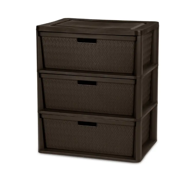 Wide 3 Drawer Tower, Plastic Storage Organizer with Removable Decorative Bins, Easy Assembly, No Tools Needed, Brown