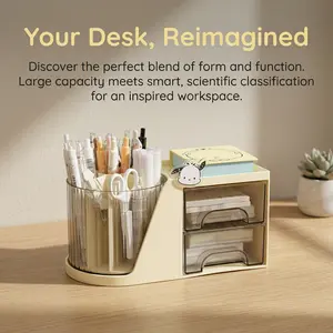 1piece large-capacity office desktop storage box, equipped with 2 drawers, a 360-degree swiveling pen holder, desk accessories, and a pencil organizer with 6 slots. 2 drawers. Ideal for use in offices or for student stationery organization. (White)