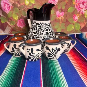 Decorated Clay Pitcher Blanco con Negro Set of 6 Tazas Handcrafted Mexican Artisanal Drinkware Jugs