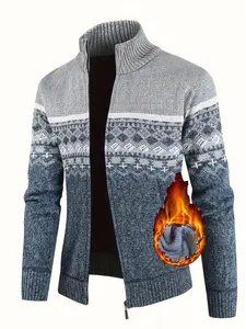 Men's high-neck thick velvet knitted sweater, casual and form-fitting, casual sweater coat, cardigan sweater, full zipper Nordic pattern knitted cardigan, warm and comfortable, suitable for various daily occasions
