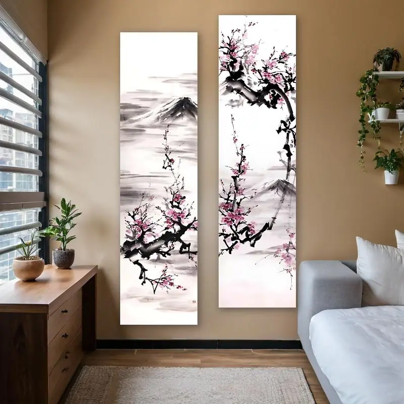Japanese Landscape Pattern Wall Hanging, 2 Counts/set Cherry Blossoms Clouds Mount Fuji Landscape Decorative Tapestry, Wall Decor for Home Living Room Bedroom