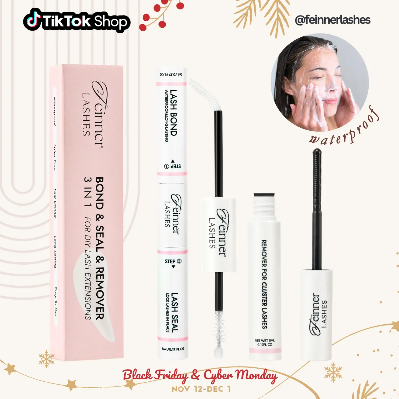 feinner Diy Lashes Bond and Seal and Glue Remover 3 IN 1 No Irritation Latex Free Long Last Waterproof Eyelash Extensions Cosmetic Mascara Removal Makeup,sunscreen
