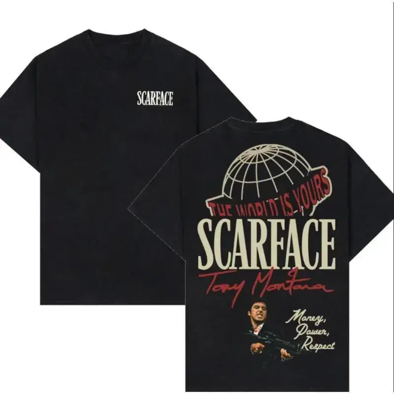 Scarface Two Sides Graphic Tee - The World is Yours Design with Tony Montana Iconic Image Perfect for Movie Fans and Streetwear Enthusiasts Menswear Casual Crewneck Tshirt 100% Pure Cotton Y2K Streetwear Tee good  graphic  tees gifts for him 052