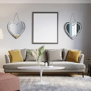 Heart Shaped Silver Glass Mirror 2 Pack 12x12inch Crystal Crush Diamond Decor Chain Mirror for Wall Decoration