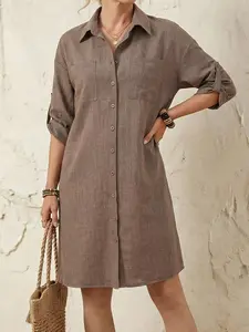 Women's Linen Blend Shirt Dress, Button Front, Rolled Sleeve, Mid-Length, Casual Solid Color, Spring & Fall, with Pockets, Womenswear