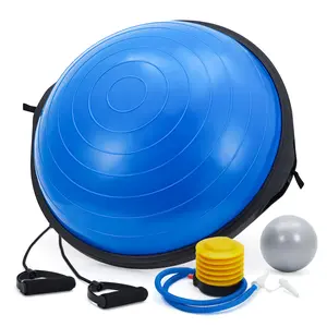 Balance Ball Trainer with Resistance Bands and Foot Pump, Inflatable Yoga Ball for Home Gym Workouts, 25 Inch Exercise Half Ball for Balance Training Core Strength Fitness More, Blue