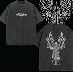 valentine shirts Oversized Angel Sword Graphic Tee: Vintage Washed Heavy Cotton Faithcore Shirt