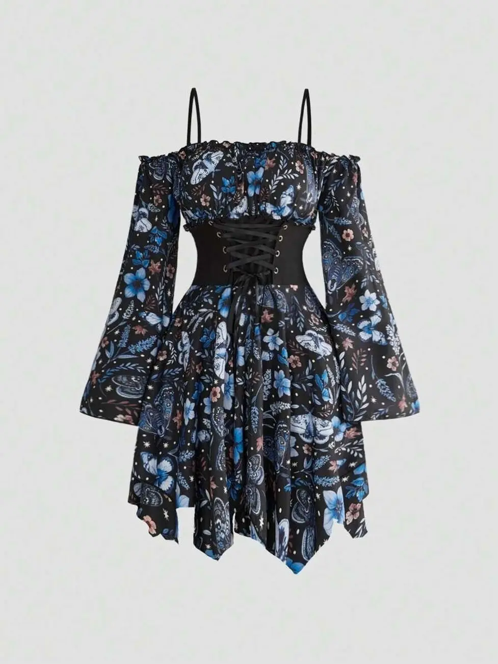 Fairycore Forest Leaf Print Mini Dress, Hippie Floral Plant All-Over Print Off Shoulder Backless Dress with Criss Cross Back, Boho Summer Day Party Outfit for Women