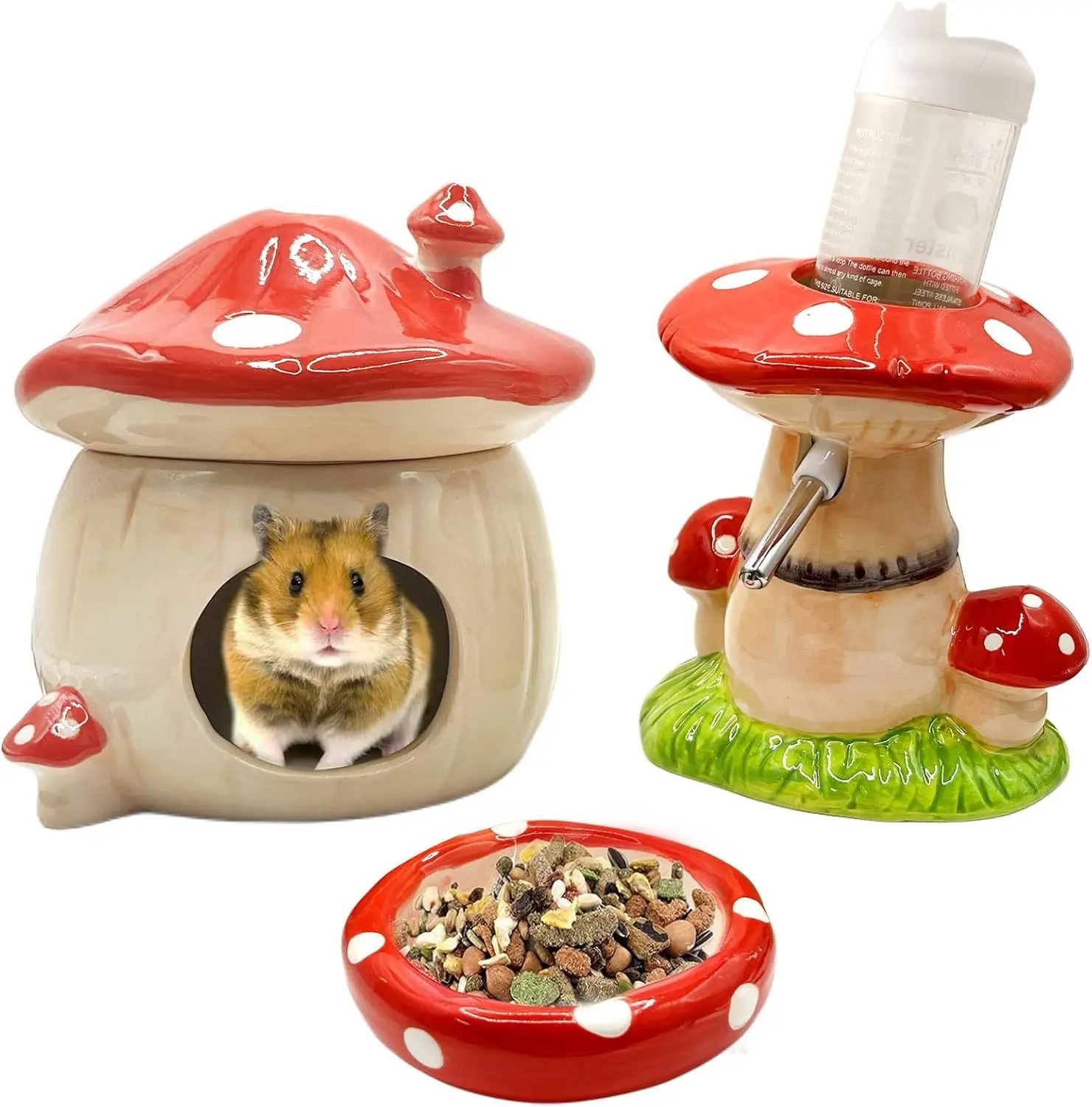 Ceramic Hamster Hideout Water Bottle with Stand Food Bowl Hamster Accessories Red
