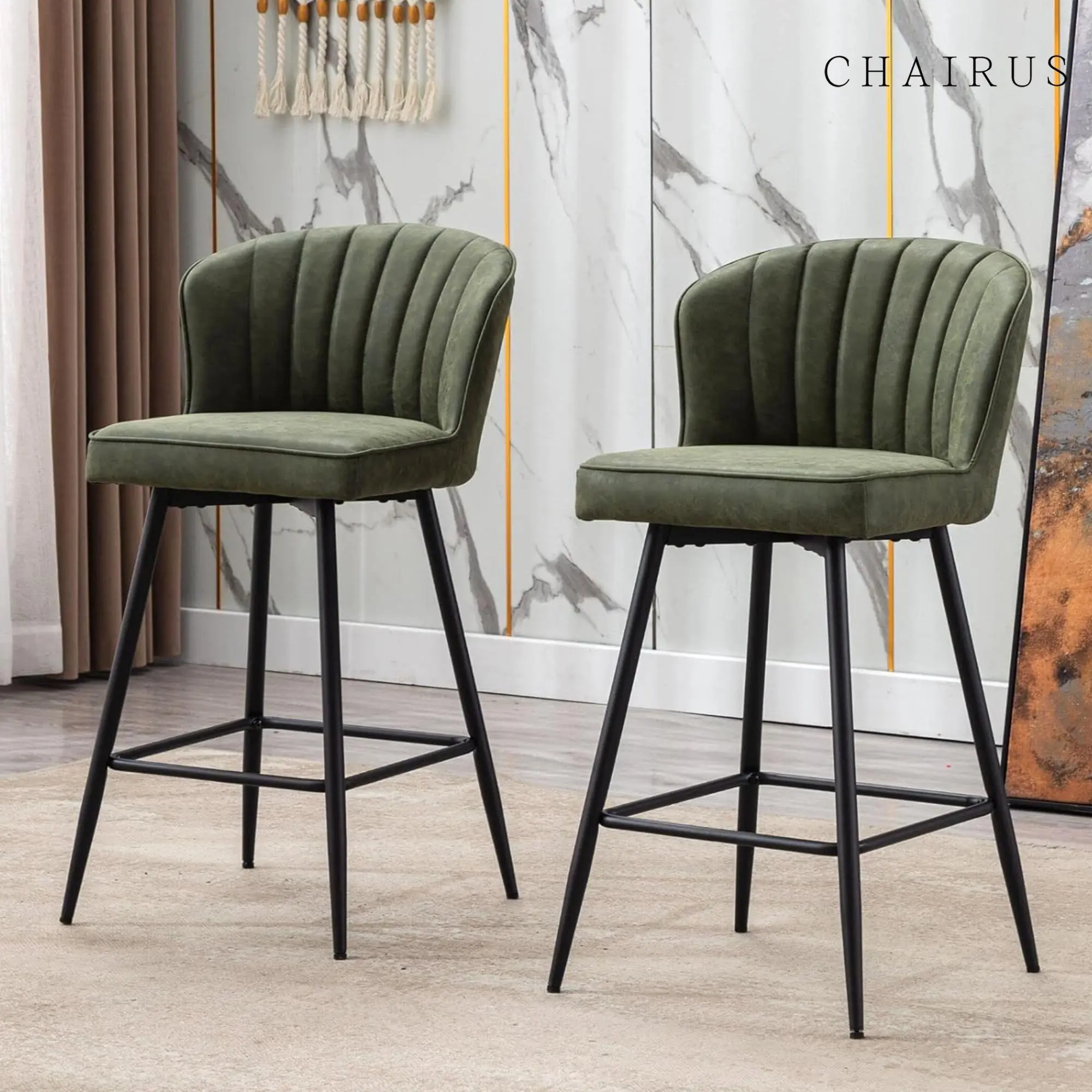 CHAIRUS Waterproof Modern Counter Height Bar Stools Set of 2,25.5 Inch Counter Stool Armless Bar Chairs with Metal Legs, Footrest,Leather Waterproof Barstools with Back Thickened Upholstered Bar Chairs Island Stools for Kitchen Bar Pub Living Room Green s