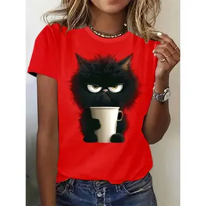 Cat Print T-shirt, Casual Short Sleeve Crew Neck Top For Spring & Summer, Women's Clothing Slim Shape Men's Moisture Wicking compression Hip Hop Dark Humor gaiter Unisex Y2K Flag Hoodie Vintage Graphic Manga High Waist Back Flare Leg Workout Pants wc warm