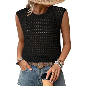 Dokotoo Womens Summer Crochet Hollow Out Round Neck Sleeveless Sweaters Tops for Women Casual Solid Loose Fit Crochet Knit Bathing Suit Cover Up for Women Vacation