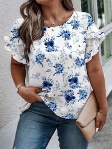 Women's Plus Size V Neck Floral Top, Flare Sleeve Design, Casual Fashion Style, Comfortable Fit, Ideal for Daily Wear and Office Use, Womenswear