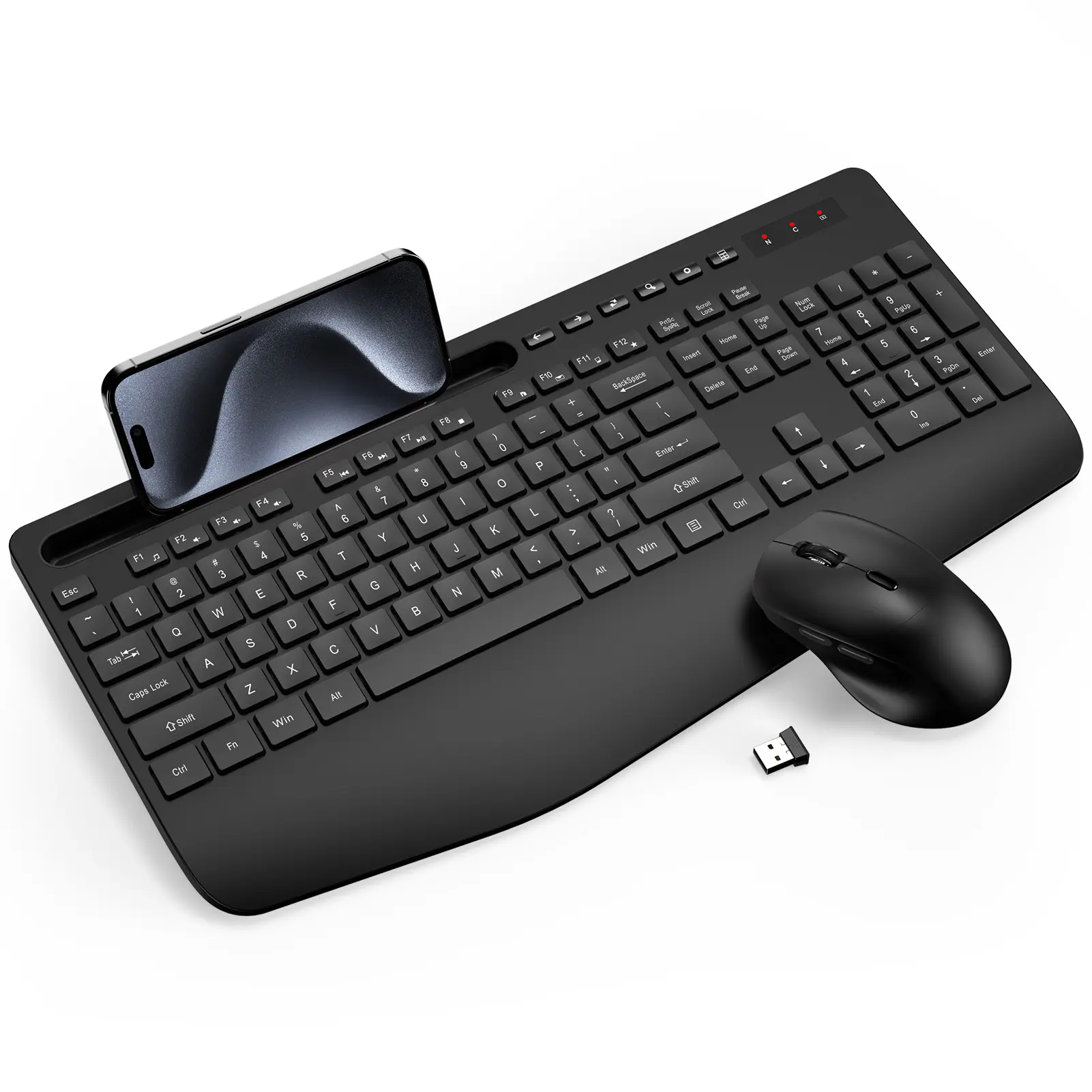 2.4G Lag-Free Ergonomic Keyboard and Mouse Set for PC/Tablet - 33ft Range, Bluetooth-Free, Silent Cordless Full-Size KB with Wrist Rest, Built-In Cradle, Hotkey Navigation, Batteries Included, Quiet Typing