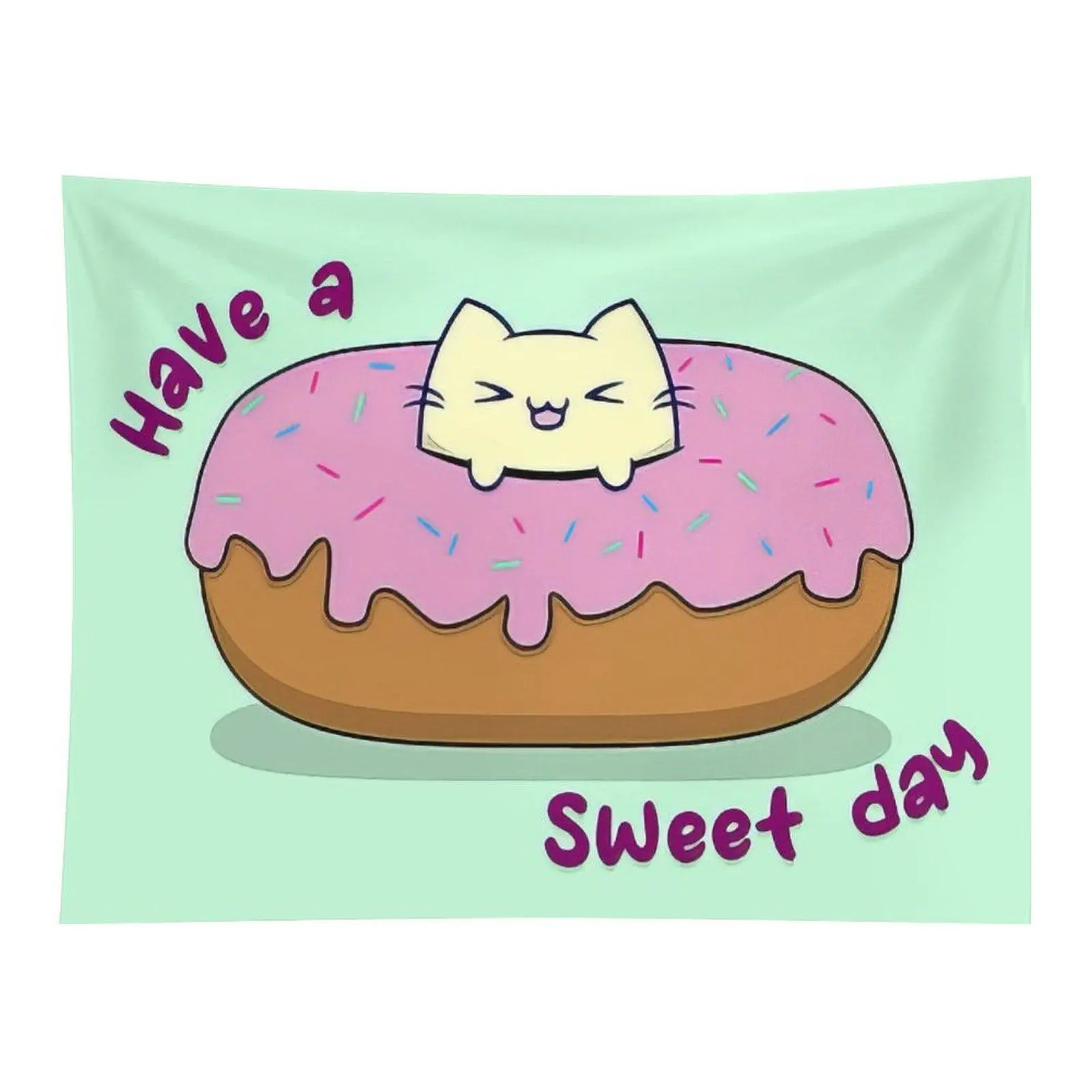 Cute Kawaii Cat Inside Pink Donut Wall Tapestry, Sweet Cartoon Animal With Positive Slogan For Lovely Bedroom Dorm Kids Room Wall Decoration