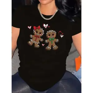 [100%25 Cotton] Plus Size Graphic Tee For Women, Halloween Gingerbread Print Crew Neck T-Shirt, Medium Stretch, Short Sleeve, Knit Fabric Pullover - Season Versatile Top Golf Gift T-Shirt For Men And Women