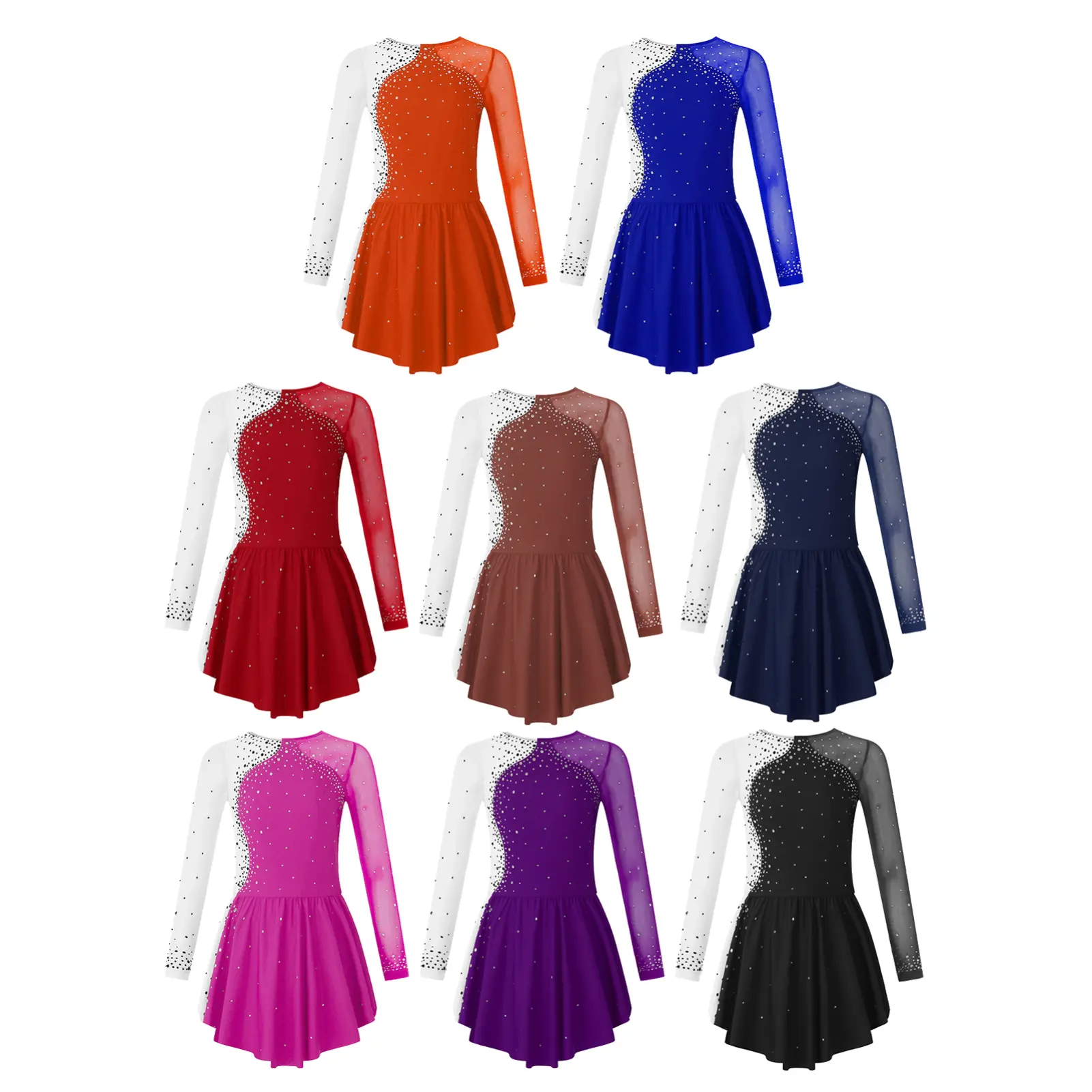 Girls' All-Seasons Fitted Long-Sleeve Round-Neck Rhinestone Patchwork Shiny Skating Dance Dress, 90% Polyester Breathable Kids' Fashion Clothing
